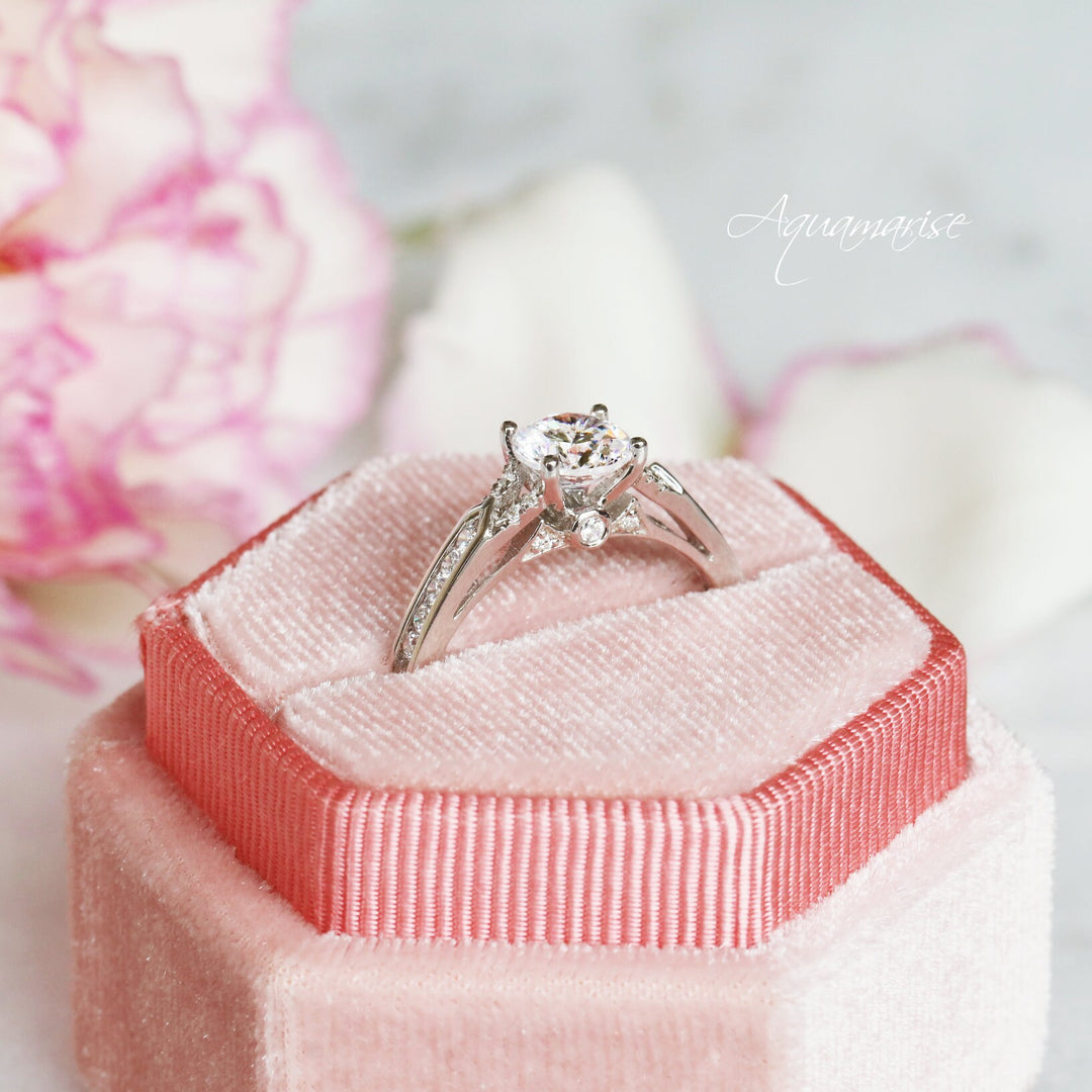 Round Cut Moissanite Engagement Ring- 14K White Gold