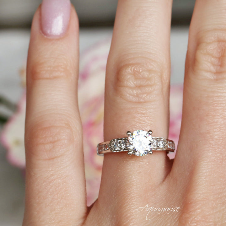 Round Cut Moissanite Engagement Ring- 14K White Gold Ring