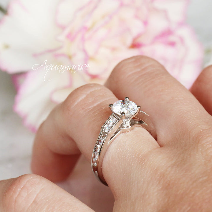 Round Cut Moissanite Engagement Ring- 14K White Gold Ring