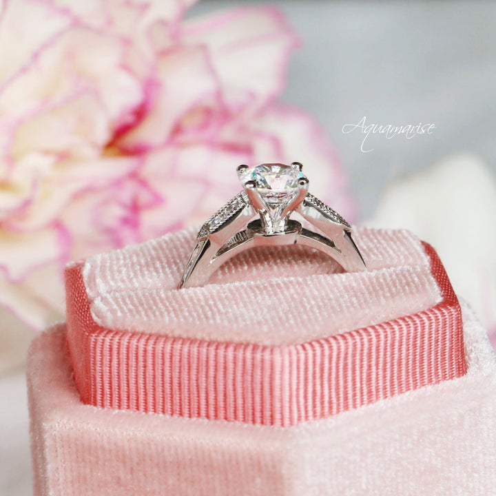 Round Cut Moissanite Engagement Ring- 14K White Gold Ring