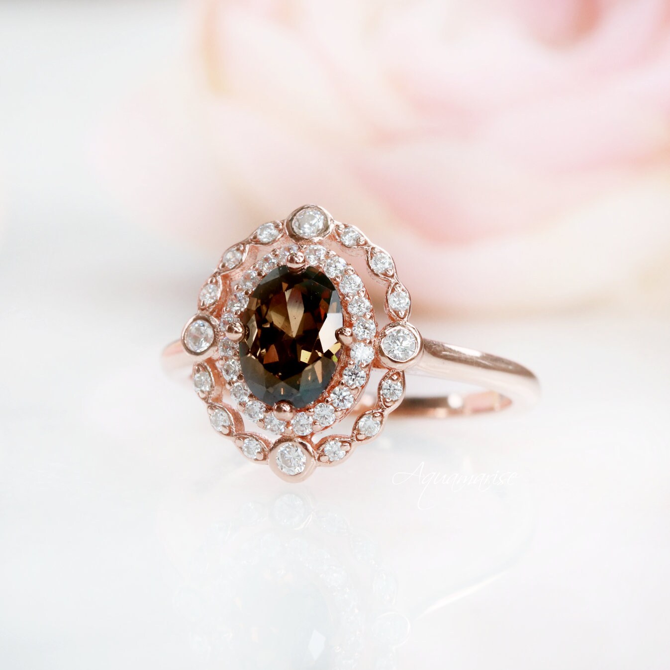 Valentina Smoky Quartz Ring- 14K Rose Gold Vermeil Brown Gemstone Engagement Ring For Women- Dainty Promise Ring- Anniversary Birthday Gift For Her