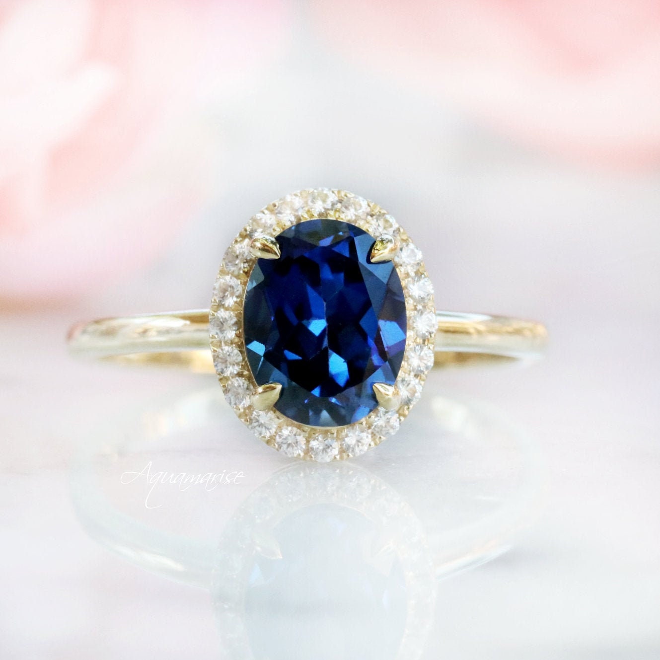 Natural Sapphire Engagement Ring- 10K/ 14K/ 18K Solid Yellow Gold