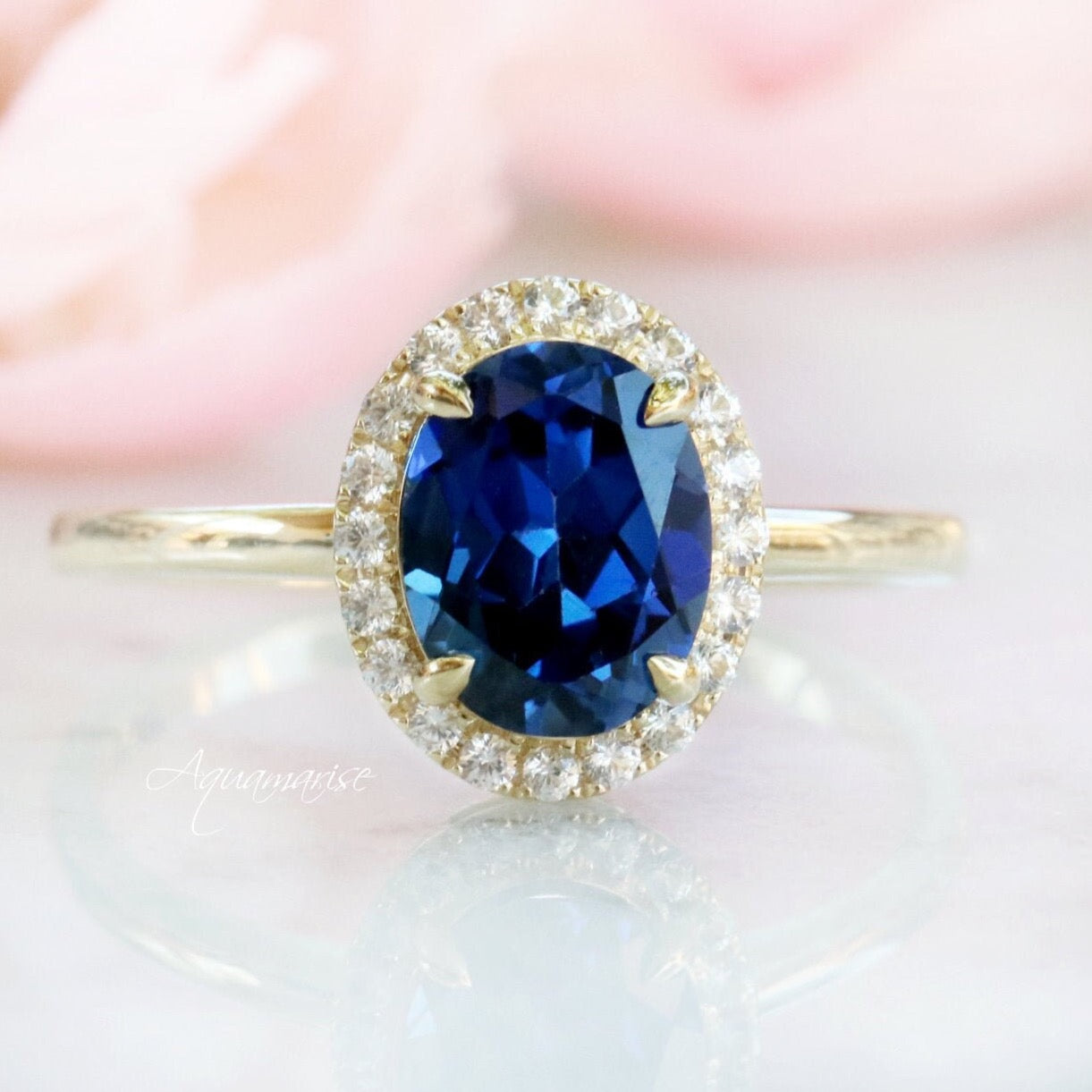 Natural Sapphire Engagement Ring- 10K/ 14K/ 18K Solid Yellow Gold