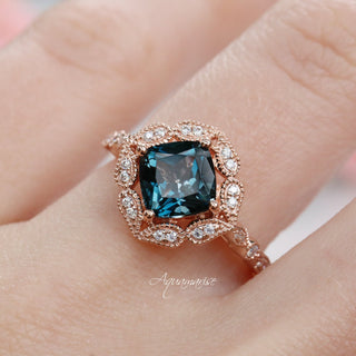 Cushion Cut Natural London Blue Topaz Engagement Ring in 14K Solid Rose Gold