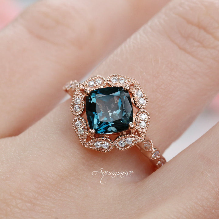 Luxe Cushion Cut Natural London Blue Topaz Engagement Ring- 14K Solid Rose Gold