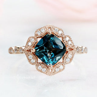 Cushion Cut Natural London Blue Topaz Engagement Ring in 14K Solid Rose Gold