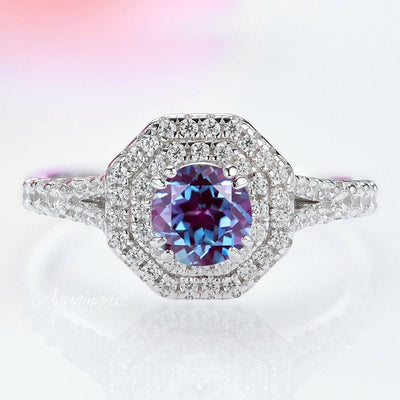Hexagon Teal & Purple Alexandrite Engagement Ring- 14K White Gold Ring