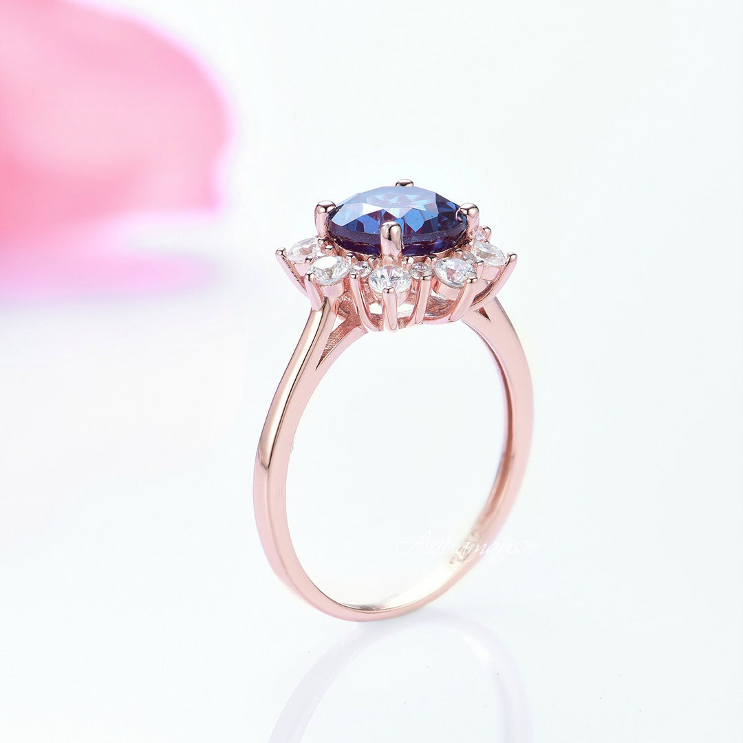 Snowflake Teal & Purple Alexandrite Engagement Ring- 14K Solid Rose Gold