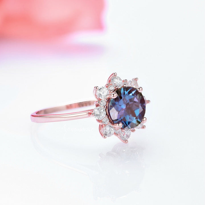 Snowflake Teal & Purple Alexandrite Engagement Ring- 14K Solid Rose Gold