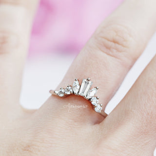 Tapered Baguette & Marquise Cluster Natural Diamond or Moissanite Wedding Band in 14K White Gold