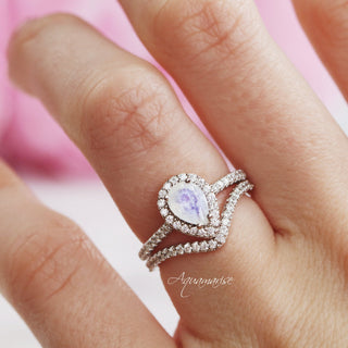 Natural Moonstone Teardrop Halo Ring in Sterling Silver