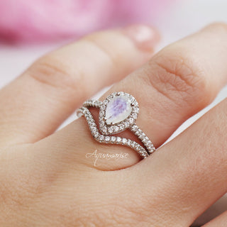 Natural Moonstone Teardrop Halo Ring in Sterling Silver