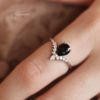 Lunette Black Onyx Engagement Ring Set in 14K White Gold