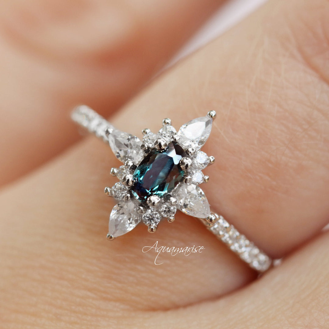 Starburst Alexandrite Engagement Ring- 14K White Gold