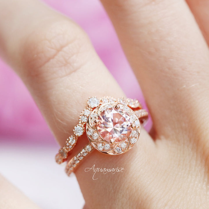 Twisted Halo Morganite Engagement Ring- 14K Solid Rose Gold