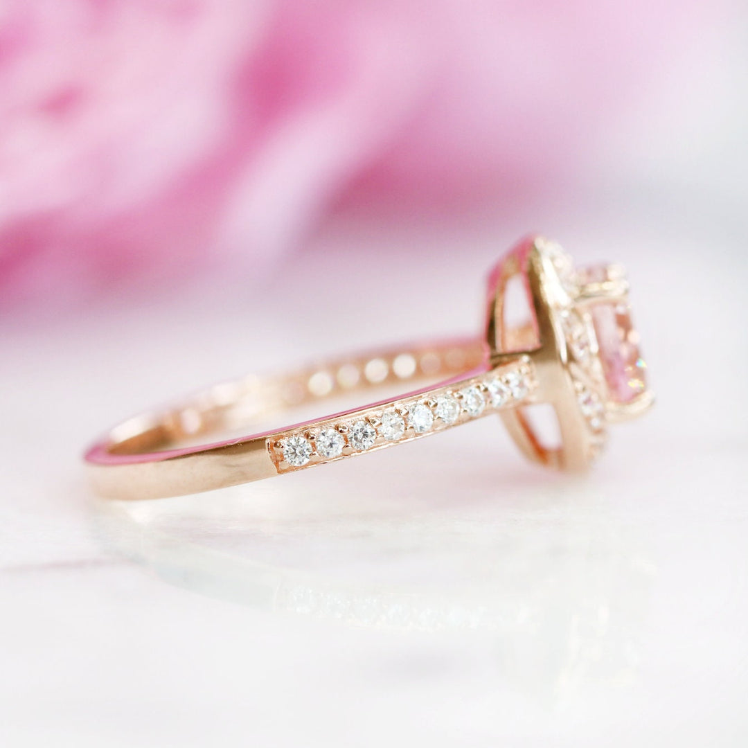 Twisted Halo Morganite Engagement Ring- 14K Solid Rose Gold