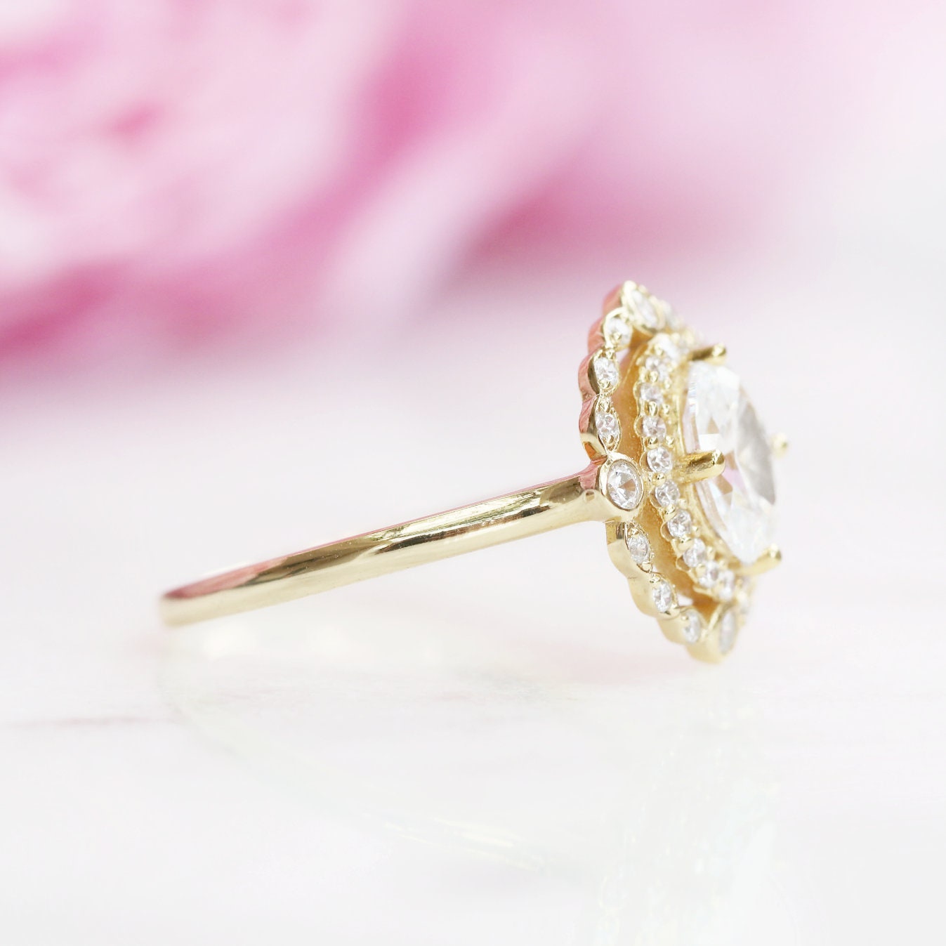 Valentina Simulated Diamond or Moissanite Ring- 10K/14K/18K Solid Yellow Gold