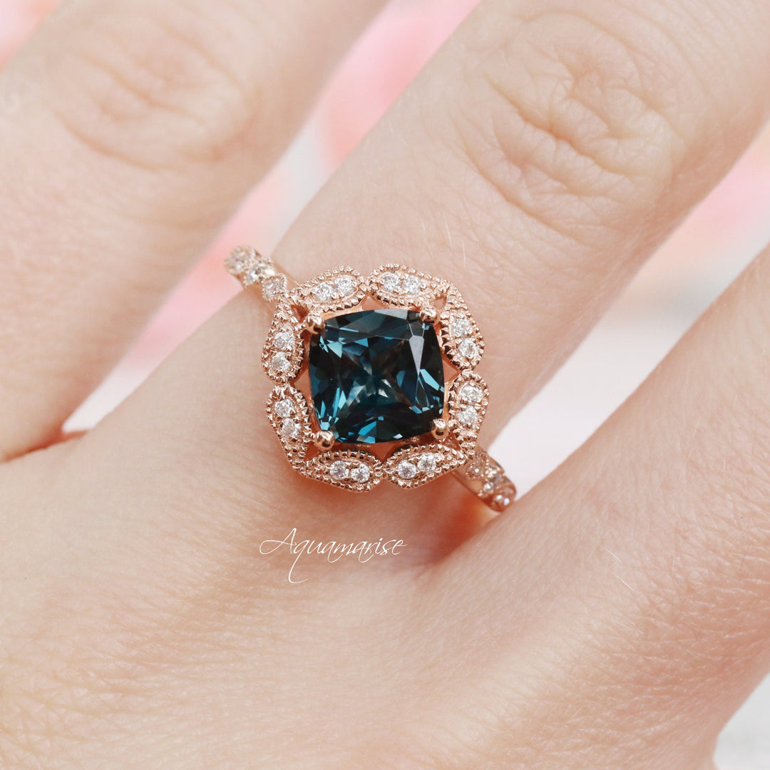 Luxe Cushion Cut Natural London Blue Topaz Engagement Ring- 14K Solid Rose Gold