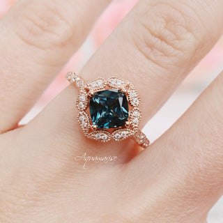 Cushion Cut Natural London Blue Topaz Engagement Ring in 14K Solid Rose Gold