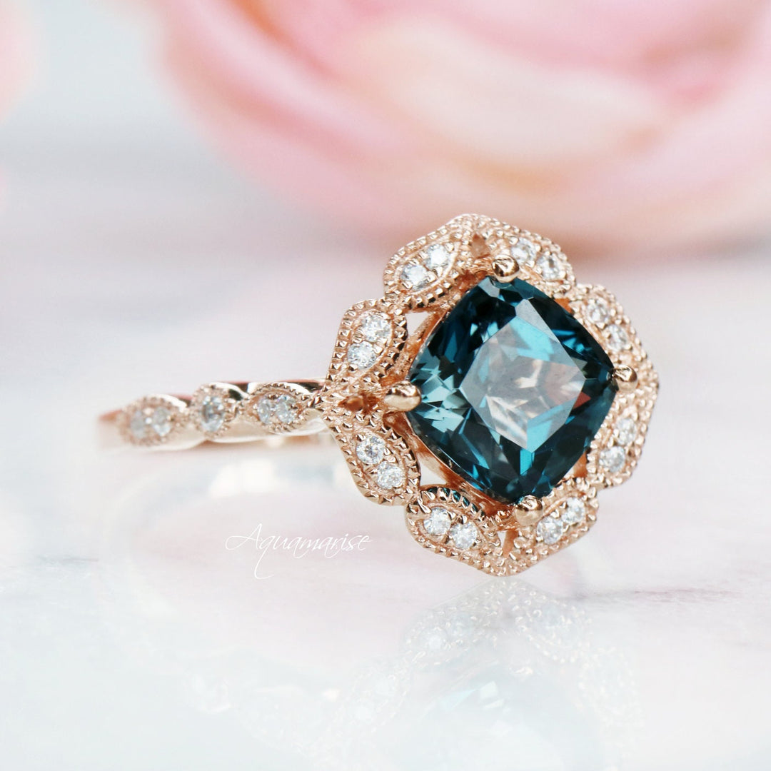 Luxe Cushion Cut Natural London Blue Topaz Engagement Ring- 14K Solid Rose Gold