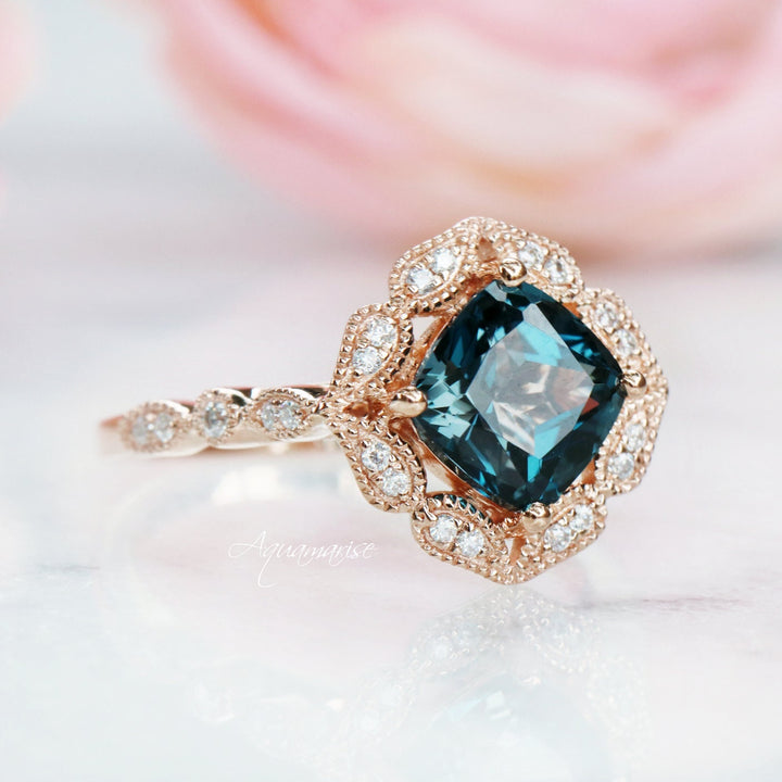 Luxe Cushion Cut Natural London Blue Topaz Engagement Ring- 14K Solid Rose Gold