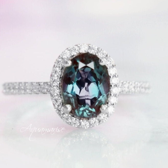 Iris Teal & Purple Oval Alexandrite Engagement Ring- 14K White Gold