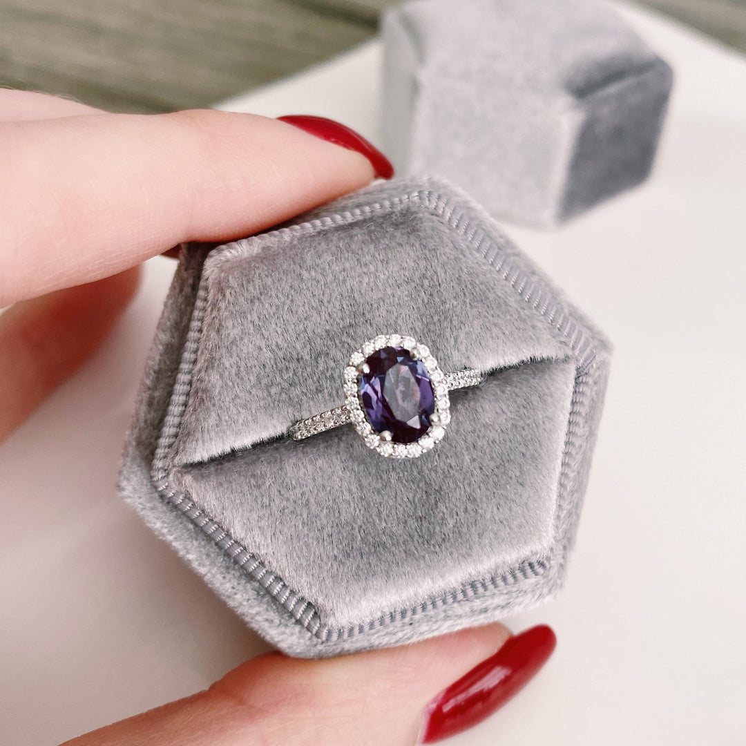 Iris Teal & Purple Oval Alexandrite Engagement Ring- 14K White Gold