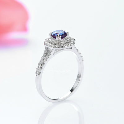Hexagon Teal & Purple Alexandrite Engagement Ring- 14K White Gold Ring