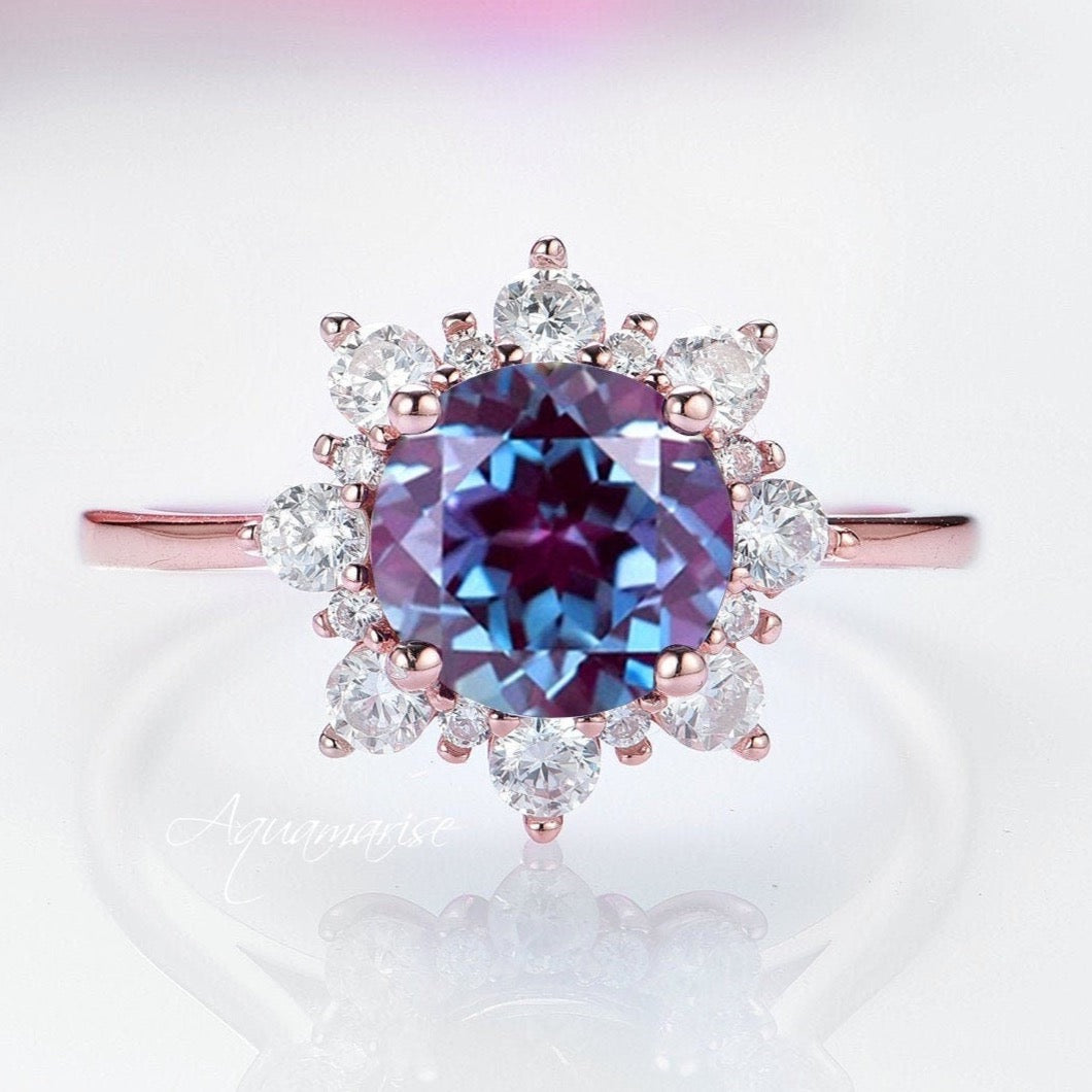 Snowflake Teal & Purple Alexandrite Engagement Ring- 14K Solid Rose Gold