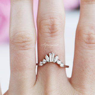 Tapered Baguette & Marquise Cluster Natural Diamond or Moissanite Wedding Band in 14K White Gold