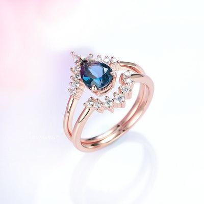 LunetteNatural London Blue Topaz Engagement Ring Set- 14K Solid Rose Gold