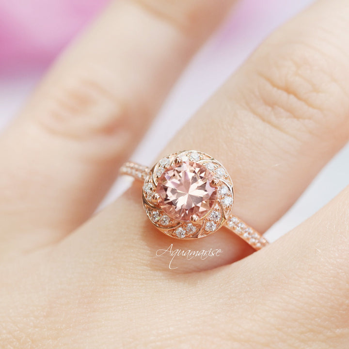 Twisted Halo Morganite Engagement Ring- 14K Solid Rose Gold