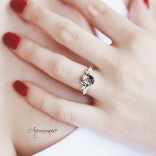 Eva Black Rutilated Quartz Engagement Ring in 14K White Gold