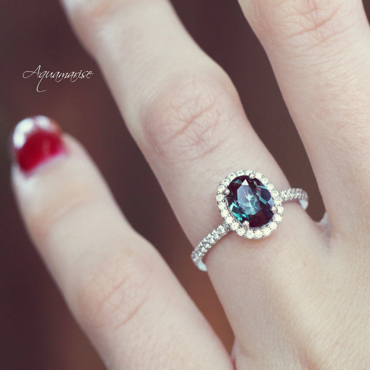 Iris Teal & Purple Oval Alexandrite Engagement Ring- 14K White Gold