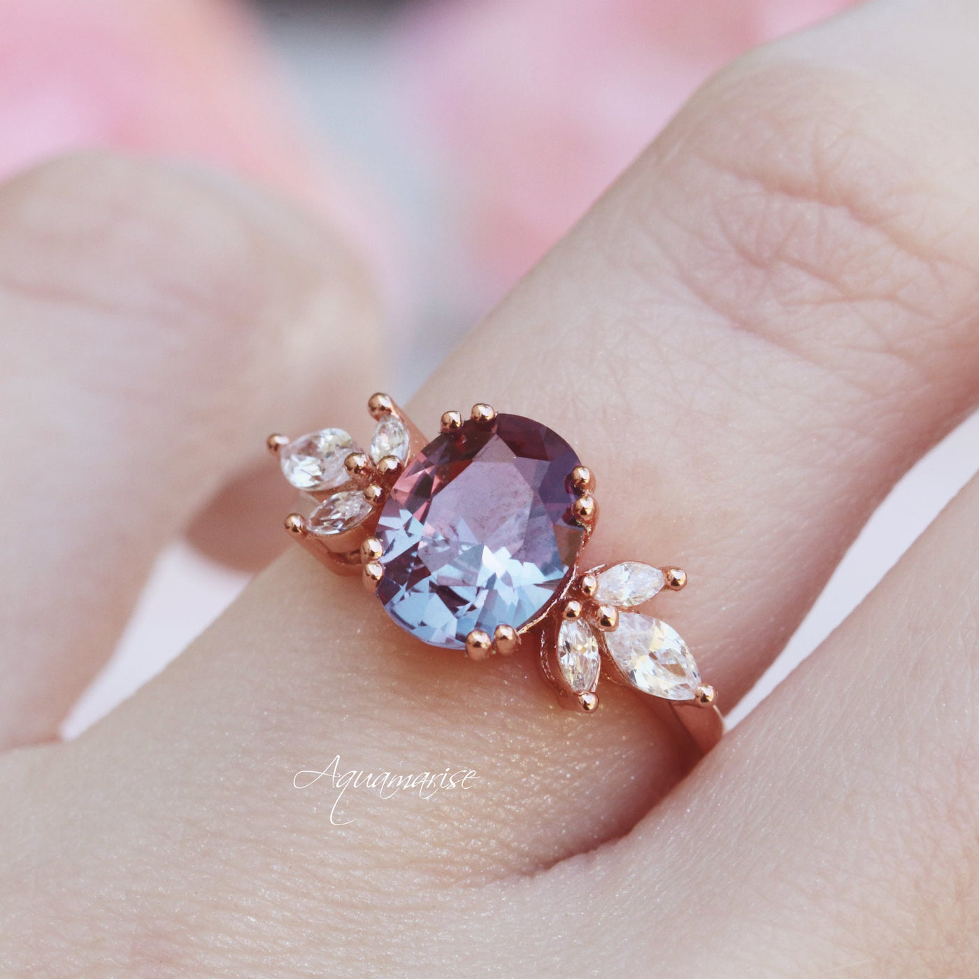 Eva Alexandrite Engagement Ring- 14K White Gold Alexandrite Ring