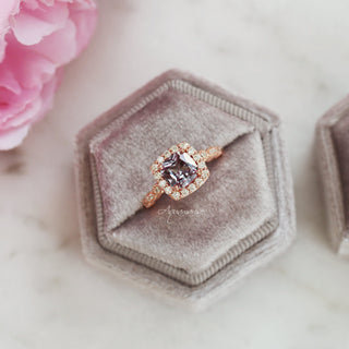 Alexandrite Ring- 14K Rose Gold Vermeil by Aquamarise, showcasing a vintage-inspired cushion-cut color-shifting alexandrite with a halo of white stones on a rose gold vermeil band.