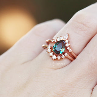 Lunette Teardrop Alexandrite Engagement Ring Set in 14K Solid Rose Gold