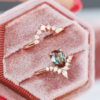 Lunette Teardrop Alexandrite Engagement Ring Set in 14K Solid Rose Gold