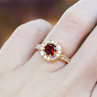 Hexagon Garnet Ring- 14K Yellow Gold Vermeil