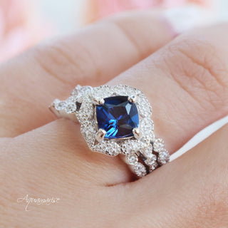 Cushion Cut Blue Sapphire Engagement Ring in Sterling Silver