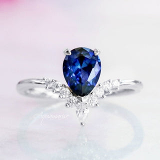 Lunette Teardrop Blue Sapphire Engagement Ring Set in Sterling Silver