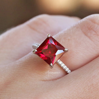 Princess Cut Lab Grown Ruby Engagement Ring in Sterling Silver