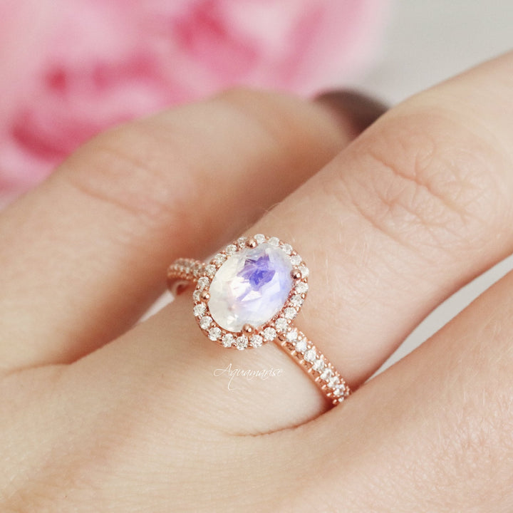 Iris Rainbow Moonstone Ring- 14K Rose Gold Vermeil