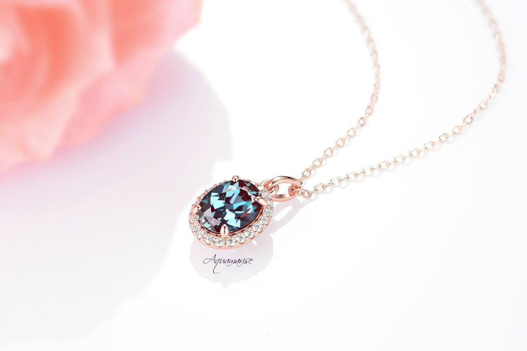 Iris Halo Oval Alexandrite & Diamond Necklace- 14K Solid Rose Gold