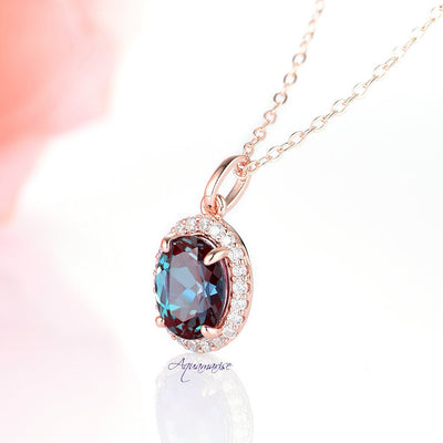 Iris Halo Oval Alexandrite & Diamond Necklace- 14K Solid Rose Gold