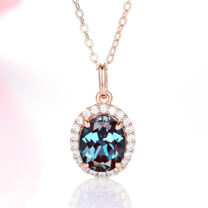 Iris Halo Oval Alexandrite & Diamond Necklace- 14K Solid Rose Gold