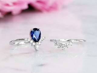 Lunette Teardrop Blue Sapphire Engagement Ring Set in Sterling Silver