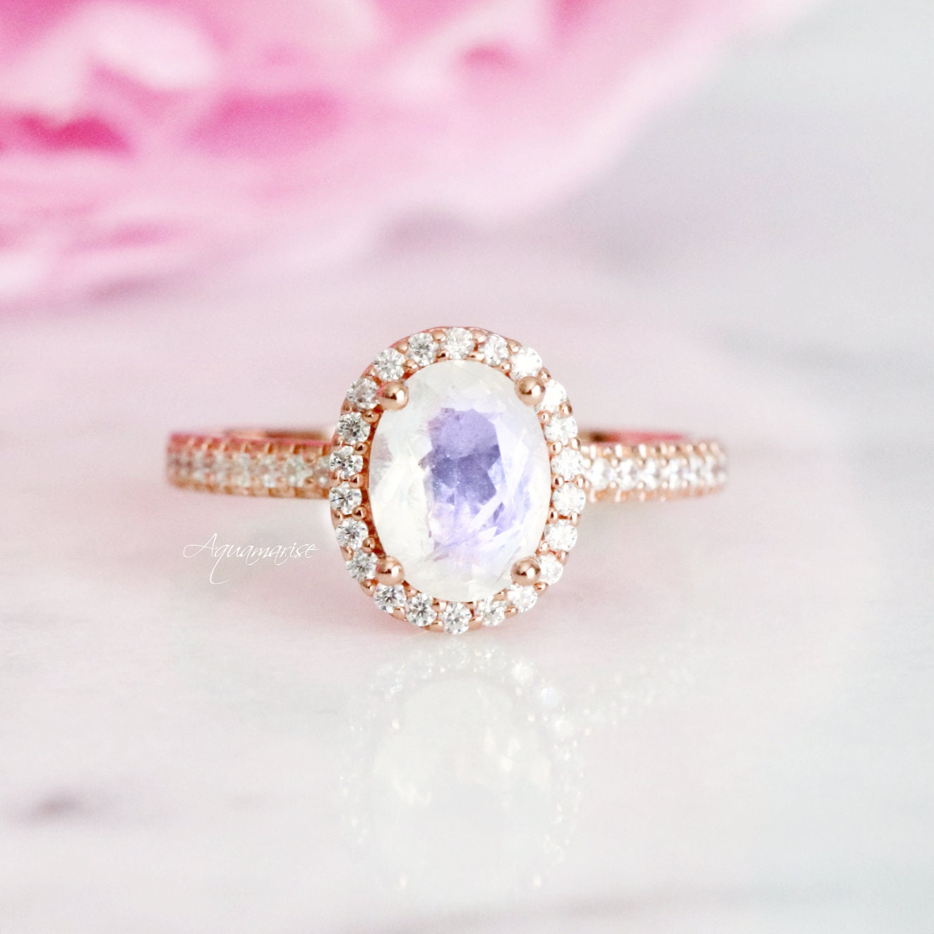 Iris Rainbow Moonstone Ring- 14K Rose Gold Vermeil