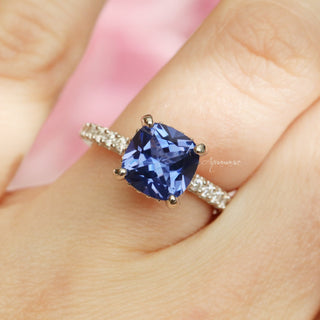Cushion Cut Natural Tanzanite Engagement Ring in 14K White Gold (Hidden Halo)