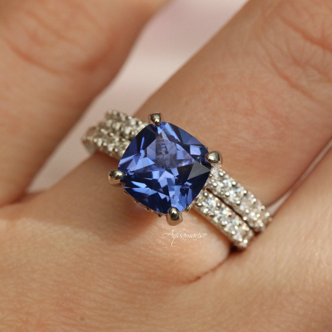 Cushion Hidden Halo Tanzanite Ring- Sterling Silver